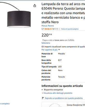 Lampada da terra ad arco modello 6304N Perenz