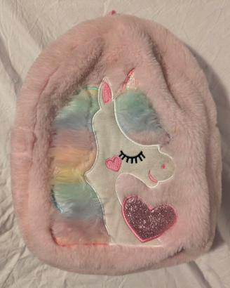 Zaino peluche unicorno rosa criniera arcobaleno
