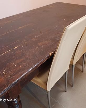 Tavolo antico in legno massello + 6 sedie in pelle