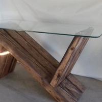 Tavolo scrivania 160x80 cm. cristallo travi legno