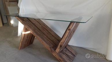 Tavolo scrivania 160x80 cm. cristallo travi legno