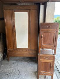 Armadio vintage in legno con specchio + 2 comodini