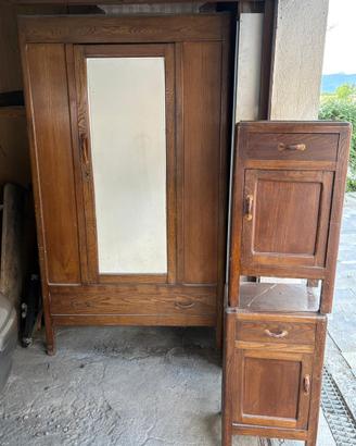 Armadio vintage in legno con specchio + 2 comodini