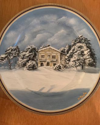 Paesaggio invernale. Piatto dipinto a mano