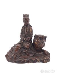 Antica Scultura Bronzo Guanyin Cane Foo Cina XX