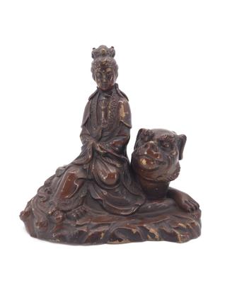 Antica Scultura Bronzo Guanyin Cane Foo Cina XX