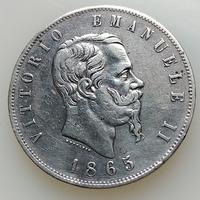 REGNO V.E.II 5 LIRE 1865 TORINO,RARA,AG 25 GR,BB