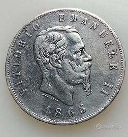 REGNO V.E.II 5 LIRE 1865 TORINO,RARA,AG 25 GR,BB