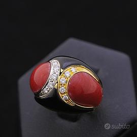 Ane oro 18kt brillanti smalto nero e corallo