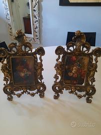2 cornici vintage in ottone con tele dipinte