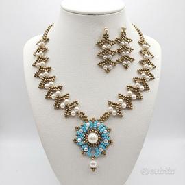 Collana Orecchini Vintage Ottone Perle Pendente