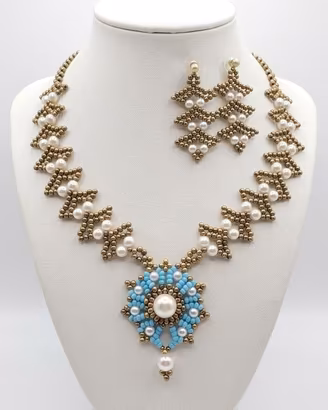 Collana Orecchini Vintage Ottone Perle Pendente