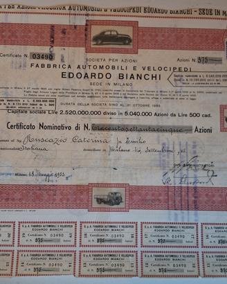 TITOLO AZIONARIO EDOARDO BIANCHI MAGGIO 1953