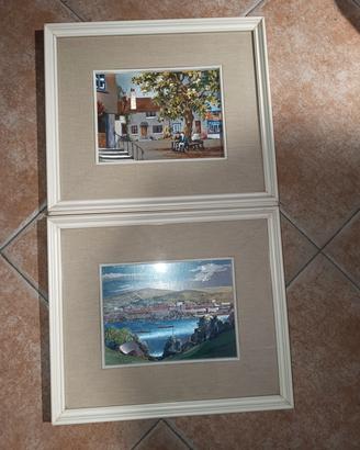 Coppia Quadri Vintage su Lamina Paesaggi e Borghi