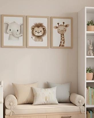 Set 3 Stampe Cornice Legno Chiaro A4 x bambini