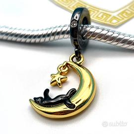 Charm argento 925 nero e oro gatto luna stella 