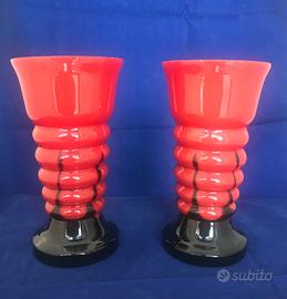 Coppia vasi in vetro nero e roso corallo Art Decò