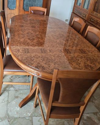 Splendido Set Tavolo in Radica di Noce + 6 Sedie
