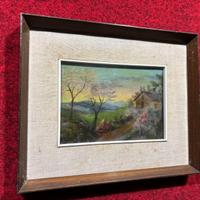 Dipinto paesaggio collina  casa dipinto olio tavol