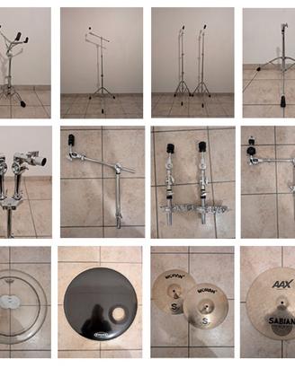 vari piatti, aste, pelli e strumentazione batteria