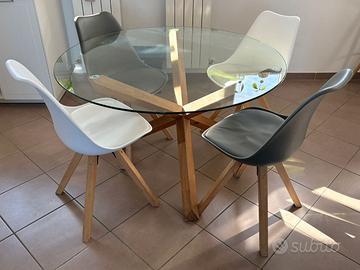 Tavolo da pranzo  Ø119 cm vetro/rover + 4 sedie