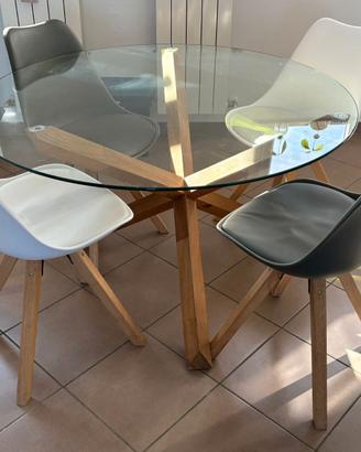 Tavolo da pranzo  Ø119 cm vetro/rover + 4 sedie