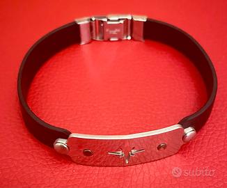Braccialetto uomo pelle nera stainless steel 