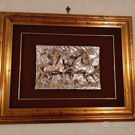 Quadro cornice oro con cavalli in argento
