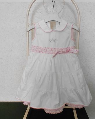 vestito bianco a balze con ricami rosa 100% cotone