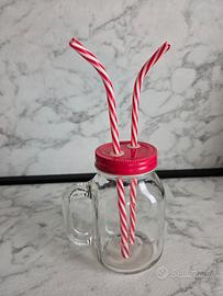 bicchiere vetro con tappo e doppia cannuccia