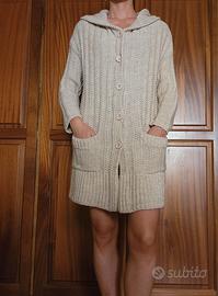 Cardigan lungo maglia lana cappuccio tasche beige
