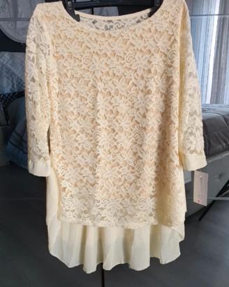 Maglia giallo limone blusa casacca in pizzo nuovo