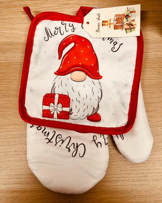 Set guanto forno e presina Babbo Natale bianco