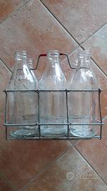 Cestello con 6 bottiglie latte anni '60