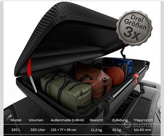baule tetto auto 320L + barre portapacchi 140cm