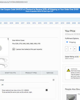Tappo specchietto retrovisore SX Volvo V50 V60 ecc