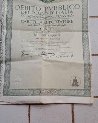 DEBITO PUBBLICO CARTELLA AL PORTATORE LIRE 100