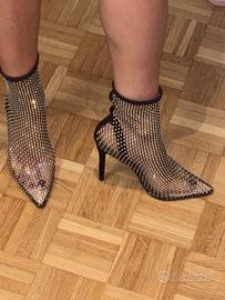 Stivaletti donna neri in rete con strass oro