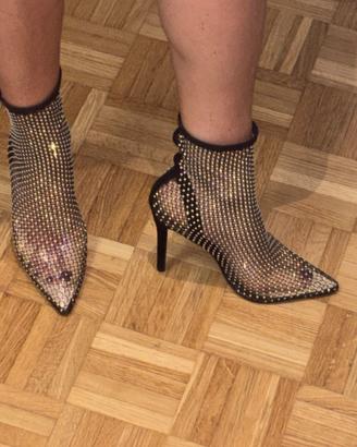 Stivaletti donna neri in rete con strass oro