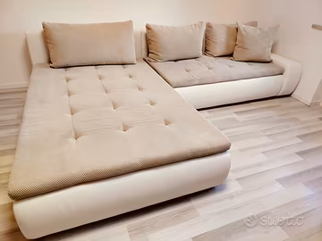 Divanoletto angolare ecopelle bianca tessuto beige