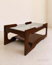 Tavolino da salotto in legno e vetro fumé anni 70