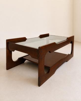 Tavolino da salotto in legno e vetro fumé anni 70