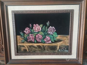 Quadro rose con cornice in legno A. Del Bianco