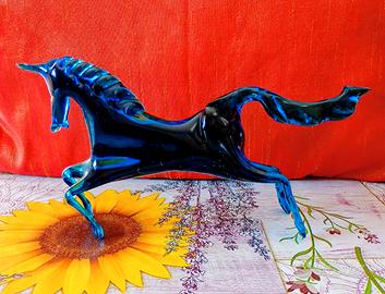 Scultura Cavallo in vetro blu tipo Murano 26 cm