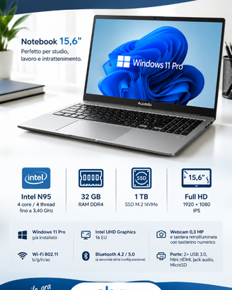 PC portatile Laptop 15.6 32GB 1TB  Windows 11 PC