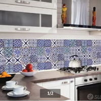 Paraschizzi cucina fantasia maioliche blu azzurre