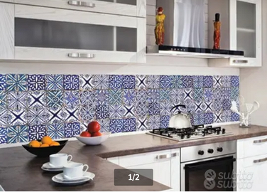 Paraschizzi cucina fantasia maioliche blu azzurre