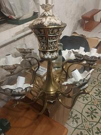 Lampadario Vintage a 6 Bracci in Ottone  e ceramic