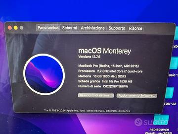 Macbook pro corei7 16 gb 250 mid 2015