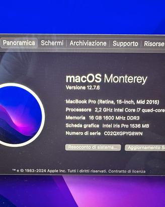 Macbook pro corei7 16 gb 250 mid 2015
